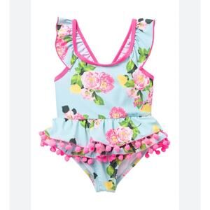 Betsey Johnson Girls Aqua Blue Hot Pink Yellow Floral Swimsuit-2T